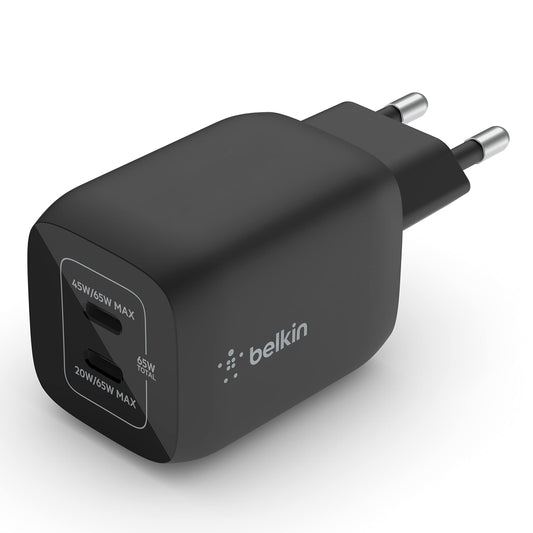 Belkin 65W Dual USB-C Wall Charger – Fast PD 3.0 GaN Charger for Phones, Tablets & Laptops (Black)